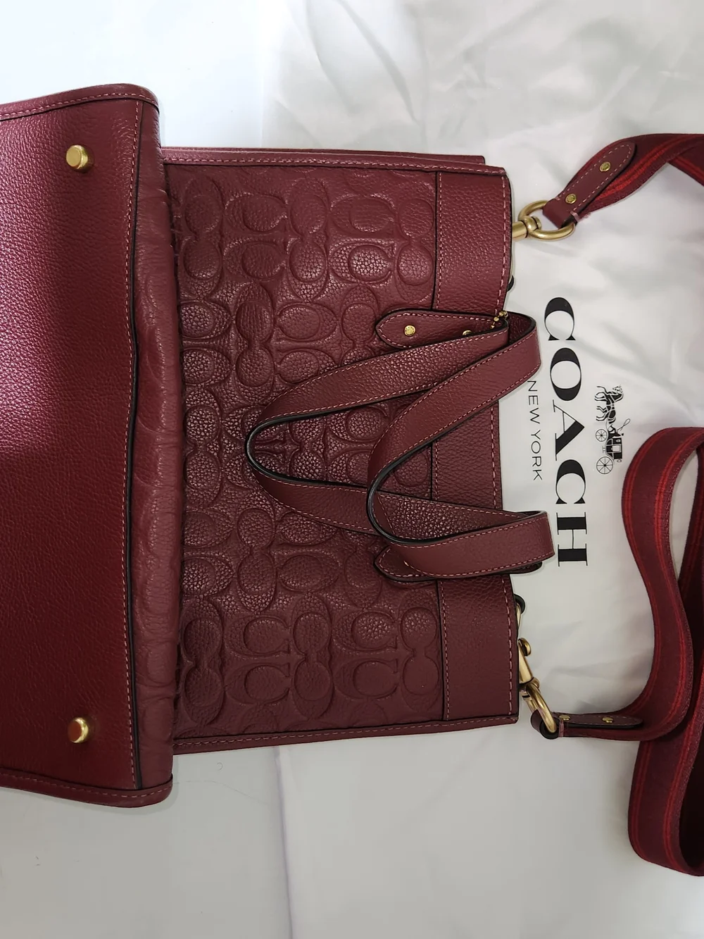 Coach Embossed Leather Shoulder Bag in Deep Red